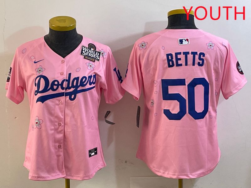 Youth Los Angeles Dodgers #50 Betts Pink Sakura Edition 2025 Nike MLB Jersey style 7->youth mlb jersey->Youth Jersey